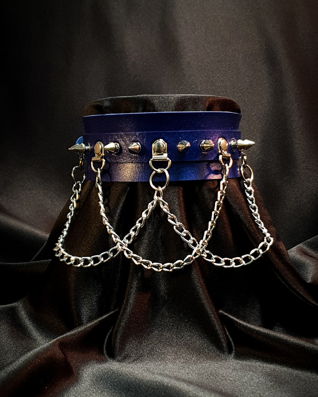 Three Chained Spiked Chokers - Navy Blue