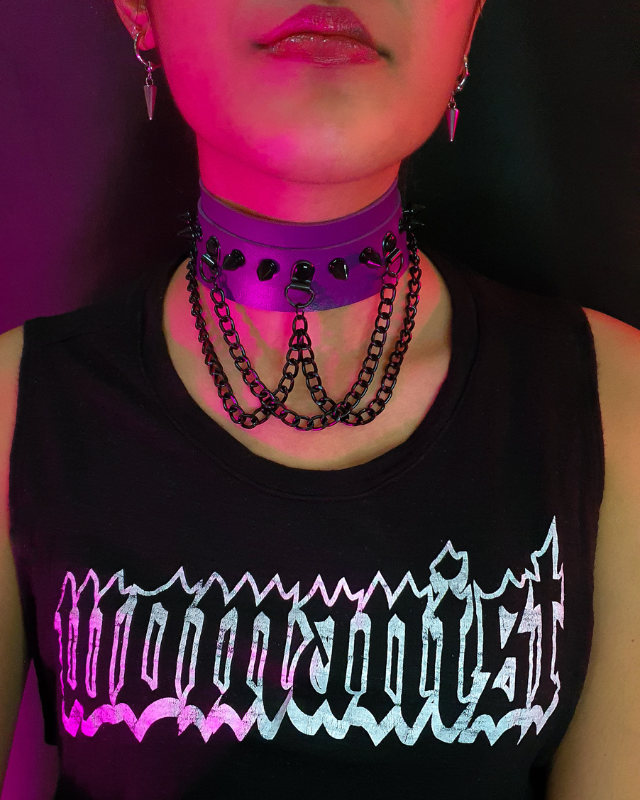 Three Chained Spiked Chokers - Purple